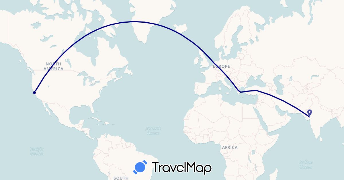 TravelMap itinerary: driving in Greece, India, Netherlands, Turkey, United States (Asia, Europe, North America)